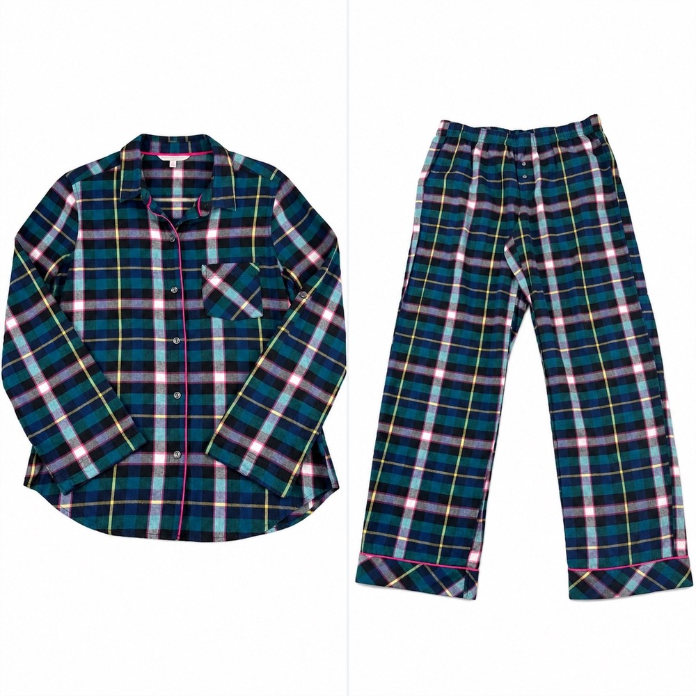 Victoria's Secret Plaid Pajama Set Women Small Blue Green Pink Cotton Flannel PJ
